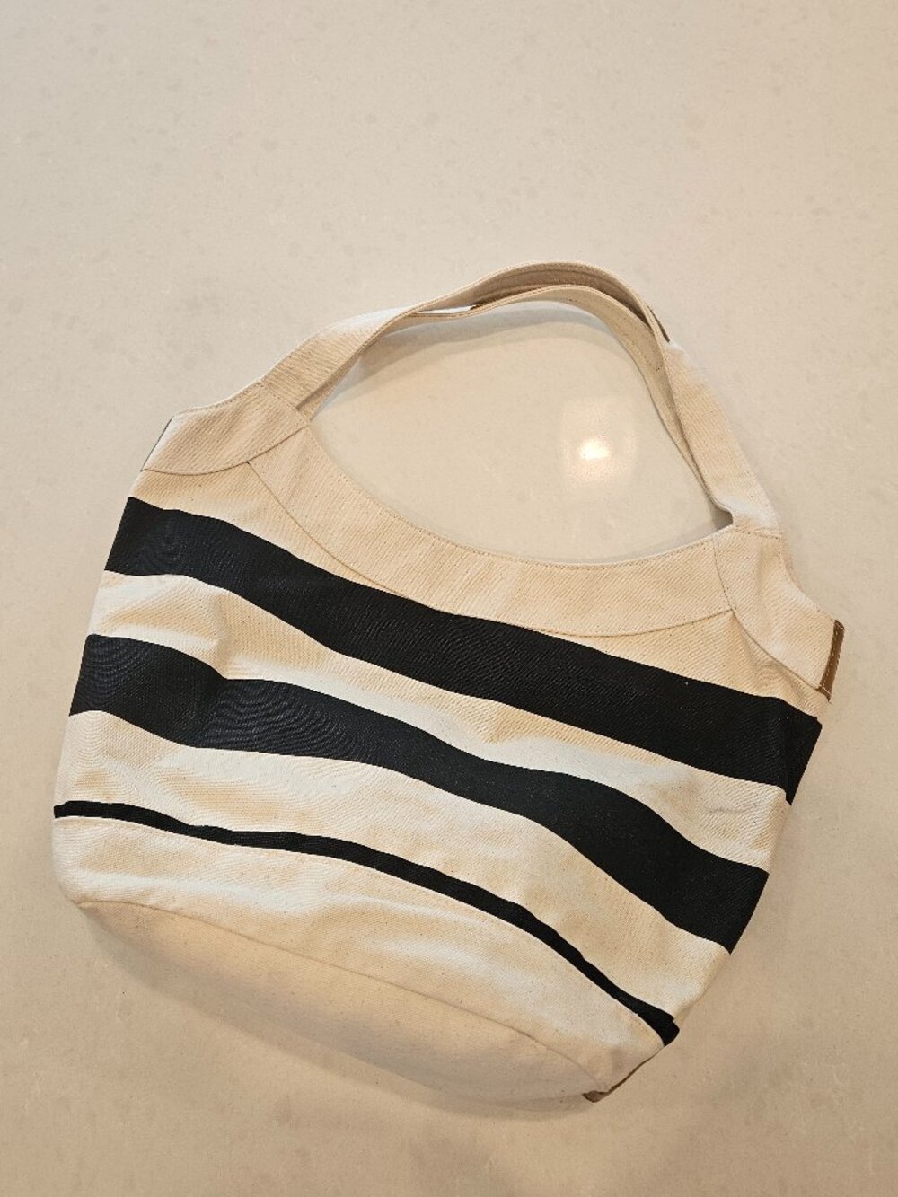 Wide-Stripe Canvas Tote Beach Summer Bag w/ Faux Leather Trim - Black & Canvas